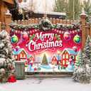 Merry Christmas Banner 71x43 Inches Winter Wonderland Village Snowman Christmas Tree Holiday Decoration Red House Snow Scene Indoor Outdoor Wall Hanging Party Yard Dcor