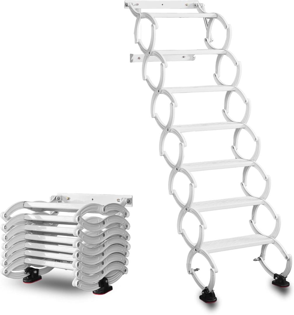 7 Steps Wall Mounted Folding Ladder, Indoor and Outdoor Step Ladders, Retractable Folding Stairs, Portable Camping Staircase, Pull-Down System Attic Ladder, for RV, Storehouse (White, 7 Steps)