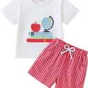 Toddler Boy Back to School Outfit First Day of School Shirt+Striped Shorts Summer Clothes Set (White)