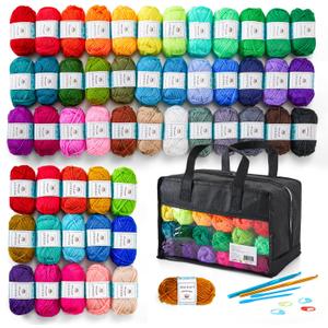 Inscraft 52 Acrylic Yarn Skeins, 1820 Yards 52 Colors, 2 Crochet Hooks, 2 Weaving Needles, 10 Stitch Markers, 1 Bag, for Crocheting & Knitting, Gift Beginners and Adults