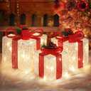 Christmas Lighted Gift Boxes with Lace Cloth, Pre-lit Lights Gift Boxes Set of 3, Light up Present Boxes Set Battery Operated with Different Sizes for Holiday Indoor Outdoor Decorations
