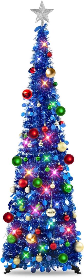 N&T NIETING Pop Up Christmas Tree with Lights, Collapsible Tinsel Xmas Tree Decorations, Pencil Christmas Tree Skinny Tree for Holiday Xmas Home Office Decor, 30 Balls, 5Ft, Royal Blue