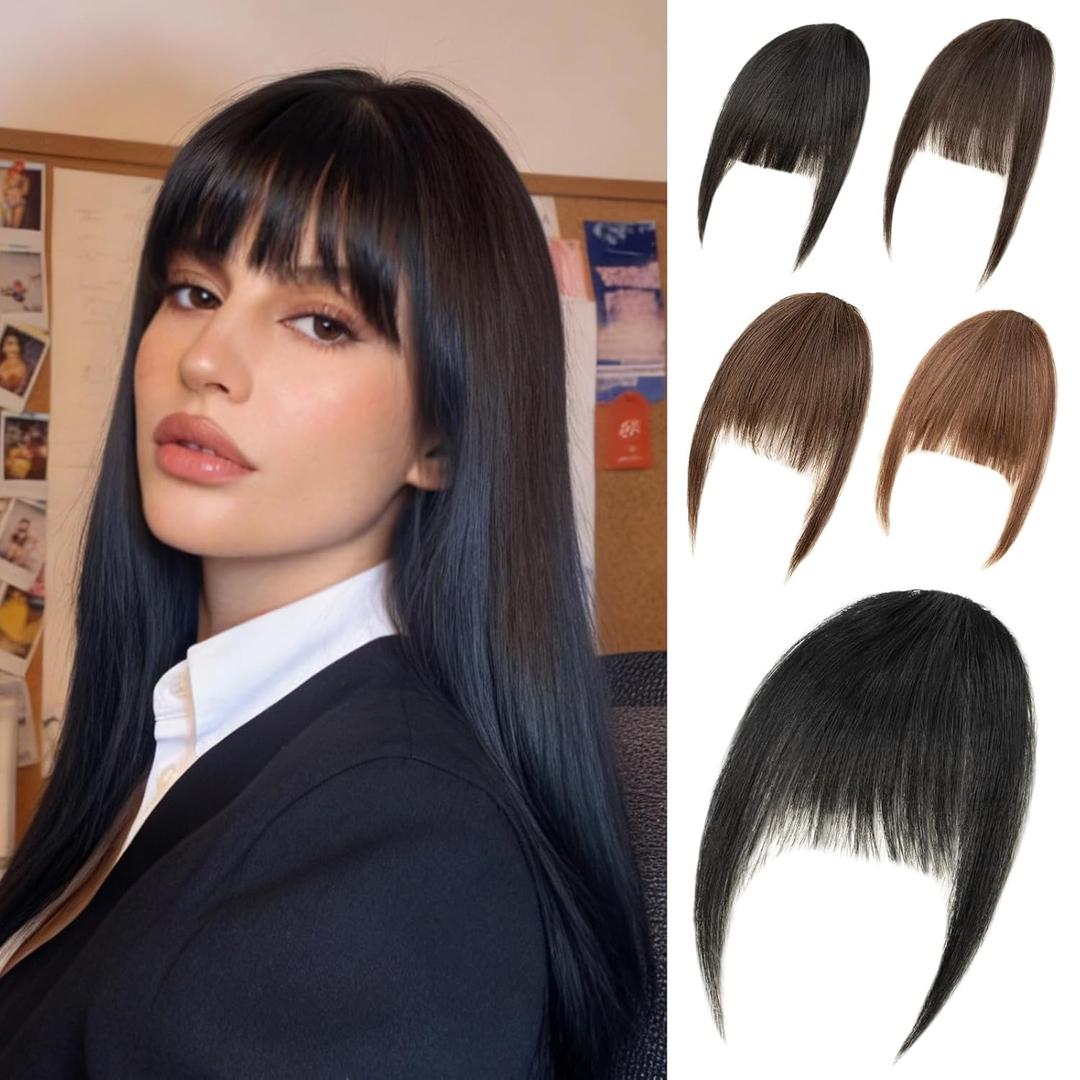 100% Real Human Hair French Bangs Hair Clip Fringe Bangs Extensions Clip in Bangs 8 Inch Short Straight Hairpiece Temples Hairpieces Fake Front Bangs Extensions for Women (Black)