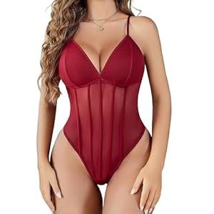 Avidlove Bodysuit for Women Sexy Lingerie Sleeveless Spaghetti Strap Cami Teddy (Small, Red)