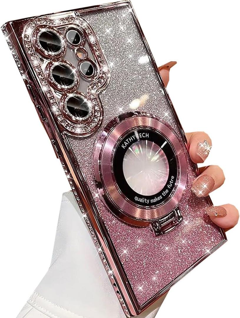for Samsung Galaxy S25 Ultra Magnetic Kickstand Glitter Case, [Compatible with Magsafe] Cute Bling Sparkly Diamond Rhinestones with Camera Protector Women Girls Case for Galaxy S25 Ultra,Pink