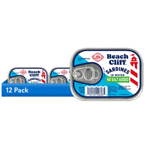 (12 pack) Beach Cliff Wild Caught Sardines in Water with No Salt Added, Gluten Free, 12g Protein Per Serving, Shelf Stable Tin Can, 3.75 oz