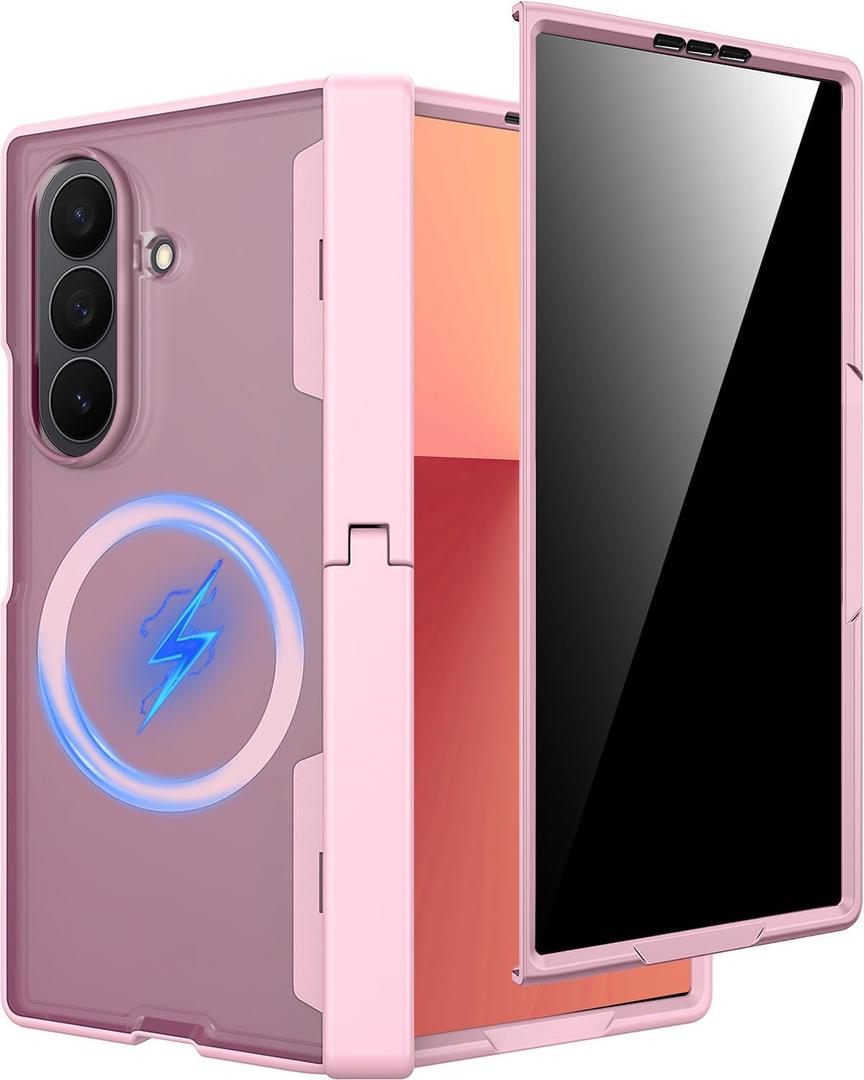 Miimall Magnet Case for Samsung Galaxy Z Fold 7, Built in Kickstand [Privacy Screen Protector] [Magnetic Hinge Protection] Military Grade&Wireless Charging Cover for Galaxy Z Fold 7 2025, Pink