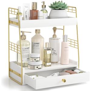 Bathroom Counter Organizer with Drawer, Slim 2-Tier Vanity Countertop Storage Shelf for Skincare, Toiletries & Small Essentials (White)