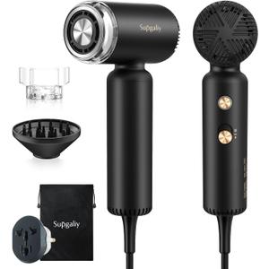Dual Voltage Hair Dryer, High-Speed Ionic Blow Dryer for Fast Drying, Travel Compact Hair Blow Dryer with Magnetic Curly Diffuser for Home, Portable Hairdryer International 110-240V (Black)