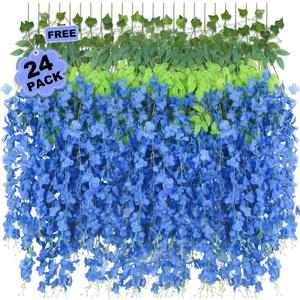 LELEE 25 Pcs Artificial Wisteria Hanging Flowers 3.6ft Royal Blue Fake Hanging Flowers Garland Silk Flowers Rattan String Faux Wisteria Vine for Wall Home Wedding Party Arch Greenery Backdrop Decor