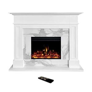 Cambridge Sofia 53-in. Freestanding Fireplace Mantel in White with White Marble Inlay and Log Display, Electric Heater Insert with Color Changing Flames for Living Room, Bedroom