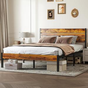 OLIXIS Queen Bed Frame with Wooden Headboard & Footboard, Heavy-Duty Metal Slat Platform Mattress Base, Supports Up to 800LBS, No Box Spring Required, Sturdy Structure & Quick Easy Assembly, 14"Queen