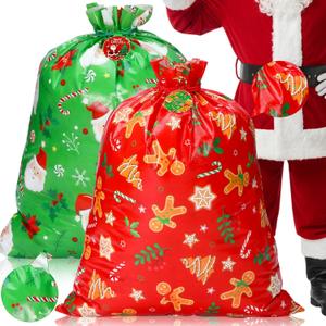 Hillban 2 Pcs Extra Large Christmas Drawstring Gift Bags with Cards 39'' x 32'' Non Woven Thick Holiday Grocery Bags Jumbo Red and Green Santa Backpacks for Xmas Game Party Supplies