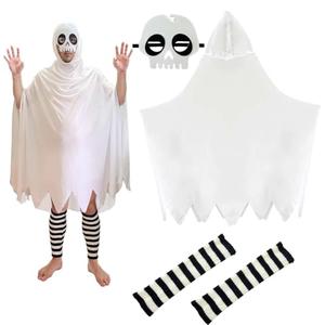 4Pcs Halloween Costumes - Unisex Adult Ghost Costume with White Cloak, Mask, and Striped Leg Warmers for Kids Cosplay Party