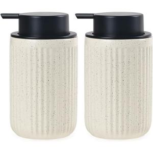 BosilunLife Foaming Soap Dispenser Set - Beige Ceramic Foam Hand Soap Dispenser 12oz with Rust Proof Pump, Easy Pressing, Refillable for Kitchen & Bathroom - 2 Pack