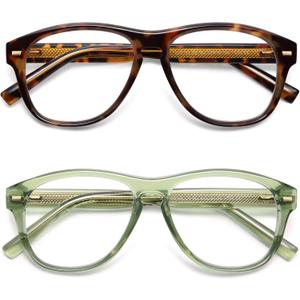 AMOMOMA Retro Aviator Reading Glasses for Women,Men,Men Blue Light Blocking Computer Readers Spring hinge AM6186 (Ac2.tortoise+c4.transparent Green)