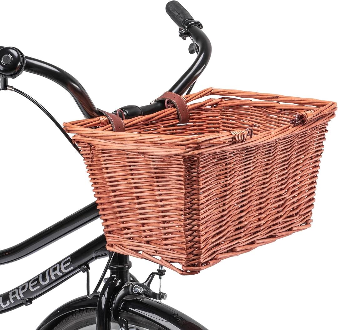 Bike Basket - Original Wicker Front Bicycle Bike Baskets - Handmade Woven Wicker Bike Basket with Adjustable Leather Straps (New Dark Honey)