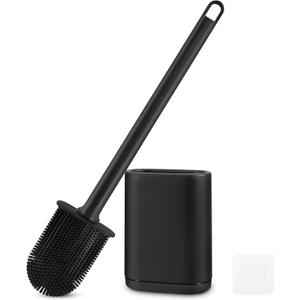 Silicone Toilet Brush and Holder Bendable Efficient Cleaning Wall Mounted Toilet Bowl Brush with Long Handle Brush Head and Silicone Bristles No Rusty Handles Problem (Black)