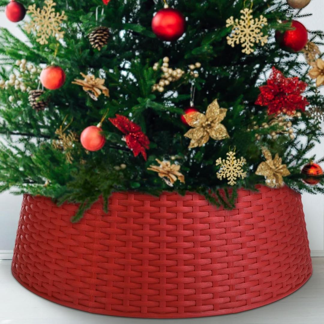 Liliful 26 Inch Plastic Christmas Tree Collar, Large Woven Christmas Tree Collar Basket, Rustic Skirt Base Cover for Holiday Decorations Accessories(Red)