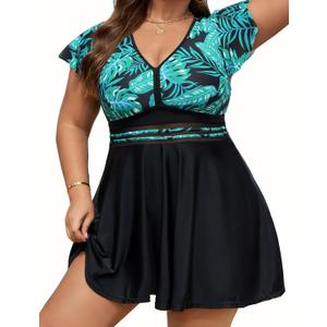 Arolina Women's Plus Size Tankini Swimsuits Swim Dress Mesh Bathing Suits Two Piece Ruffle V Neck Swimwear with Swim Shorts, 18W 