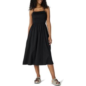 Amazon Essentials Womens Regular-Fit Cotton Sateen Smocked Bodice Midi Dress (Large, Black)