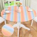 misaya Round Fitted Tablecloth with Elastic Edge, 100% Waterproof Oil Proof Plastic Table Cover, Vinyl Flannel Backed Tablecloth Fits 36"-44" Round Tables for Dinner, Outdoor, Picnic, Rainbow Striped (Orange)