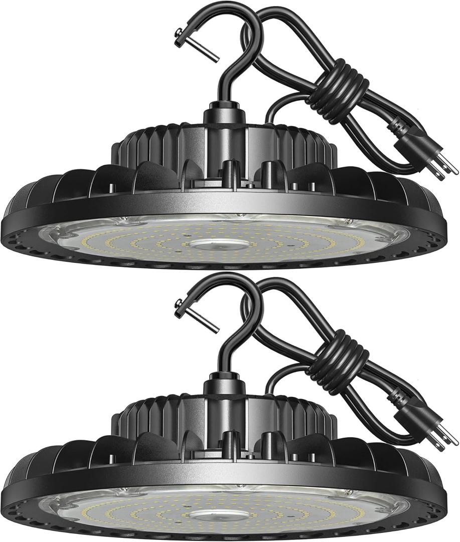 LED High Bay Light 150W 21000LM 5000K, LED Shop Lights for Garage Super Bright with 110-277V US Plug 5 Cable Waterproof UFO Commercial Warehouse Workshop Factory Area Lighting Fixture, 2 Pack
