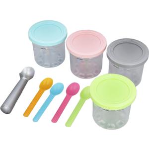 Ice Cream Pints Cup, Ice Cream Storage Container with Lids and Spoons, 4Pcs Plastic Icecream Food Storage Tubs Jars for Home Kitchen Freezer