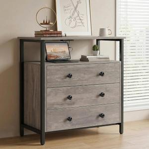 Edbuosy 3 Wooden Drawers Night Stand, 27 Inch Wide Nightstand with Charging Station and Adjustable Drawers, Small Dresser for Closet, Bedside Table for Living Room/Bedroom/Office, Gray.