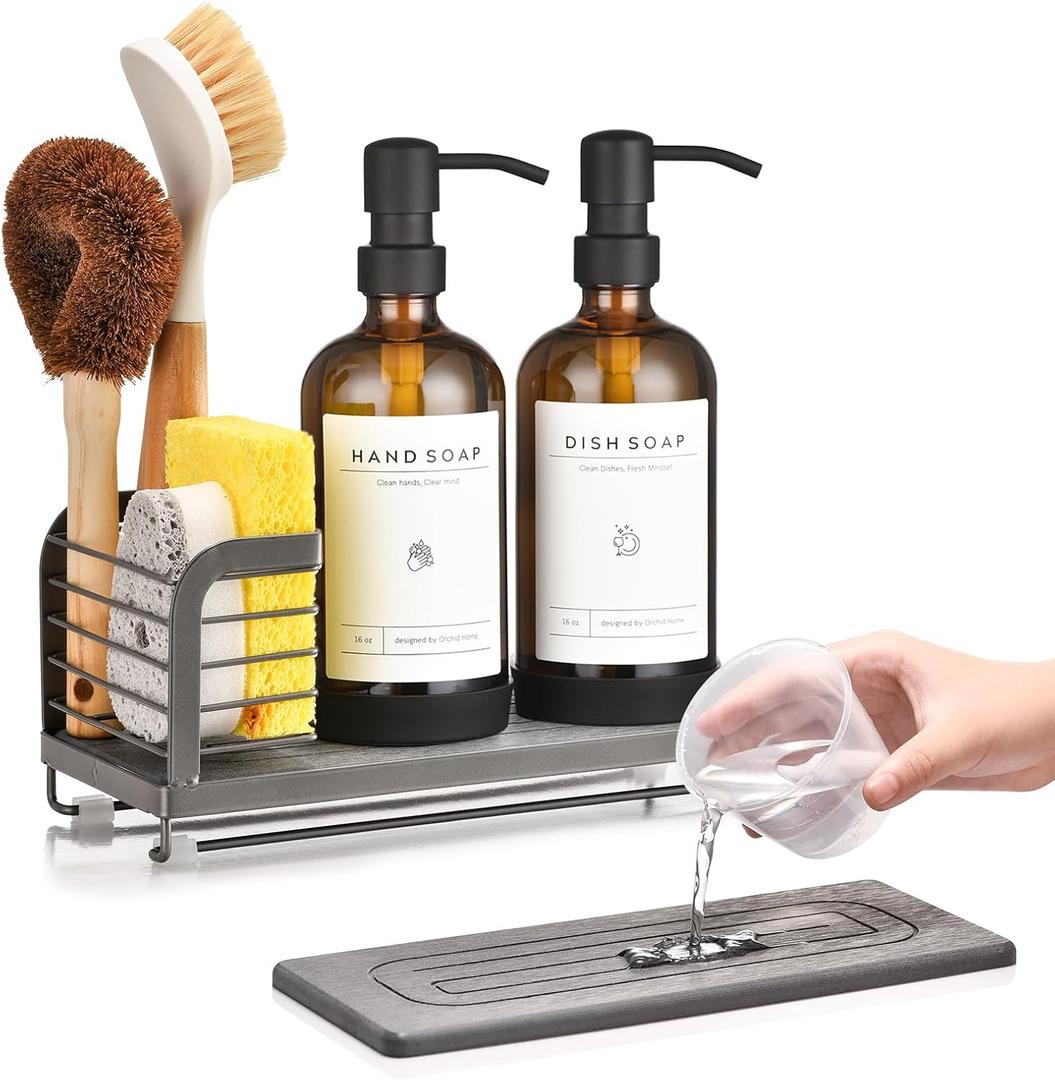 Kitchen Soap Dispenser Set with Drying Tray 16oz Glass Bottles with Stainless Steel Pumps, Black Sink Organizer Caddy with Brush Holder & Non-Slip Feet All-in-One Dish & Hand Soap Station