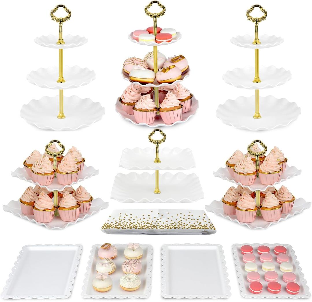 Pack of 10 NWK Cake Stand Set, with 3 x Two-Tier and 3 x Three-Tier Cupcake Stands, 4 x Appetizer Trays, 1 x Tablecloth for Birthday Bridal Baby Shower Party (Gold)