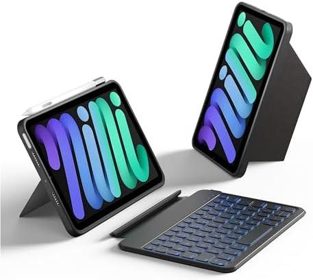 HOU Keyboard Case for iPad mini 7/6, 156° Adjustable Stand, Detachable Full Protective Case for iPad mini 7/6, 11 Shortcut Keys, 7 Color Backlight, Silicone PU, Multifunction, Bluetooth