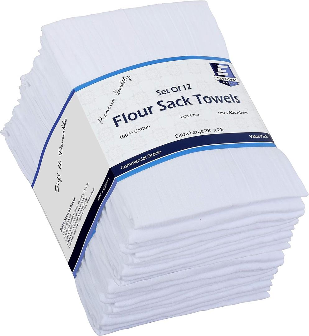 Flour Sack Kitchen Towels (White, Pack of 12) 100% Cotton,28x28 Inch Cloth Napkin, Bread wrapper, Cheesecloth, Multi Purpose Kitchen Dish Towels, Bar Towels, Extremely Absorbent & Sturdy By Excellent Deals