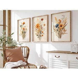 Botanical Floral Wall Art Set of 3 Vintage Wildflower Canvas Wall Decor Watercolor Rustic Farmhouse Wall Art Aesthetic Botanical Pictures Vintage Floral Prints for Room Bedroom 16x24 Inch Unframed (24L" x 16W")