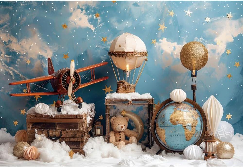 YongFoto Travel Adventure Theme Backdrop 10x7ft Cute Clouds Sky Stars Bear Globe Photography Background Adventure Awaits Baby Shower Girl Boy 1st 2nd Birthday Party Banner Kids Portraits Photoshoot (10ftx7ft, Style 4)