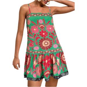 Women's Floral Boho Flowy Mini Cami Dress Ruffle Hem Spaghetti Strap Vacation Tank Dresses (Medium, Green)