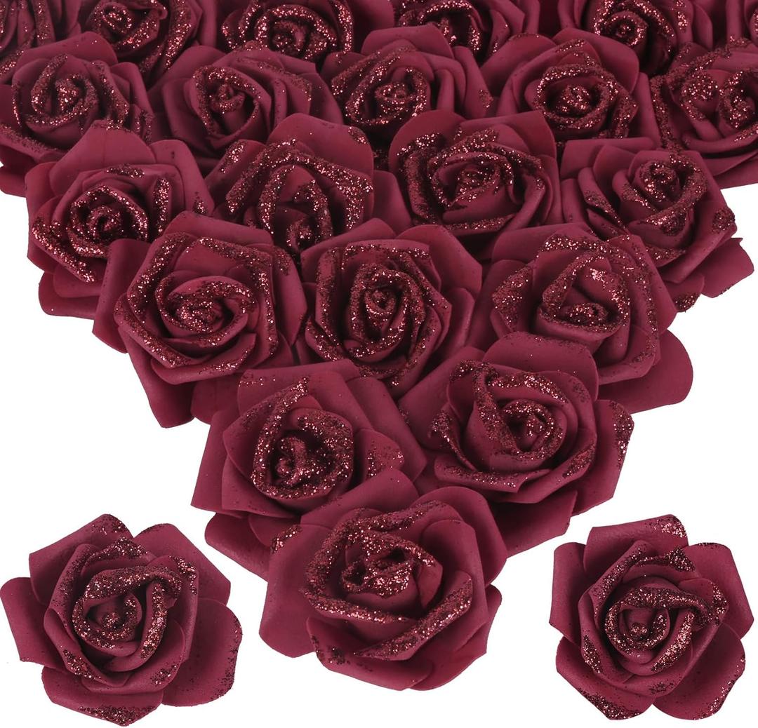 100pcs Burgundy Glitter Roses 2.56" Foam Glitter Flowers Fake Roses Artificial Roses for Bridal Shower Centerpieces DIY Wedding Flower Floral Arrangements