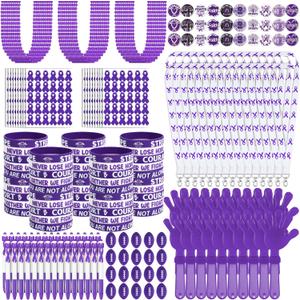 Poen 520 Pcs Purple Ribbon Awareness Items Pancreatic Cancer Awareness Silicone Bracelets Purple Ribbon Hand Clappers Footballs Pins Stickers Neck Lanyards for Survivor Event Charity Supplies