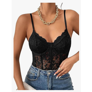 Milumia Women's Sexy Floral Lace Sheer Mesh Corset Bodysuit Spaghetti Strap Cami Tops Going Out, XXL