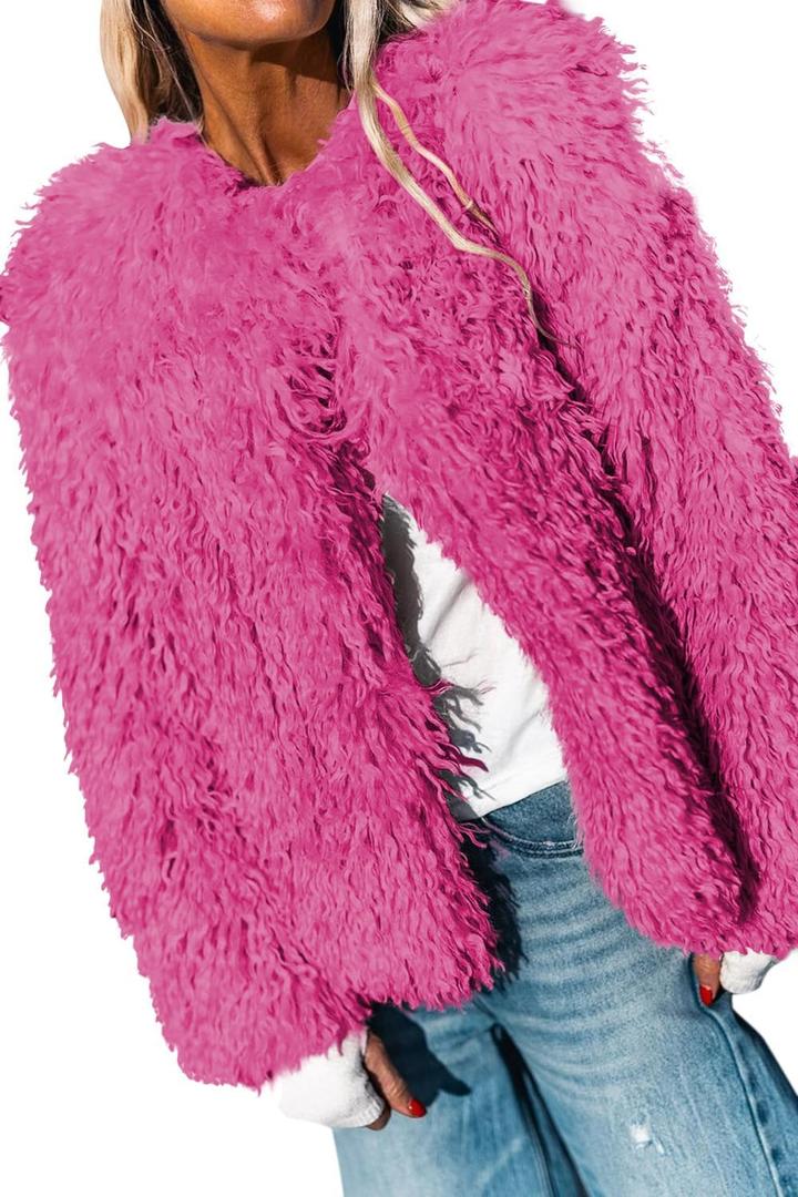 Aoang Women's 2025 Winter Coats Fleece Cropped Jacket Faux Fur Long Sleeve Shaggy Warm Outerwear Fall Clothes (Hot Pink) XL