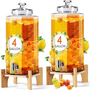 2 Pack Large Drink Beverage Dispenser with Stand and Stainless Spigot Leakproof Glass Water Dispenser for Wedding Party Bars Restaurants (4 Gallon)