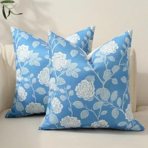 Floral Throw Pillow Covers 18x18 Inch, Set of 2 Neutral Block Print Decorative Accent Cushion Covers, Farmhouse Home Decor Vintage Pillow Covers for Sofa Bed Living Room, Sky Blue