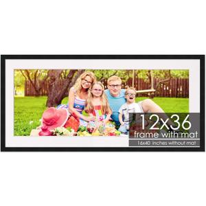 12x36 Frame with Mat - Black 16x40 Frame Wood Made to Display Print or Poster Measuring 12 x 36 Inches with White Photo Mat
