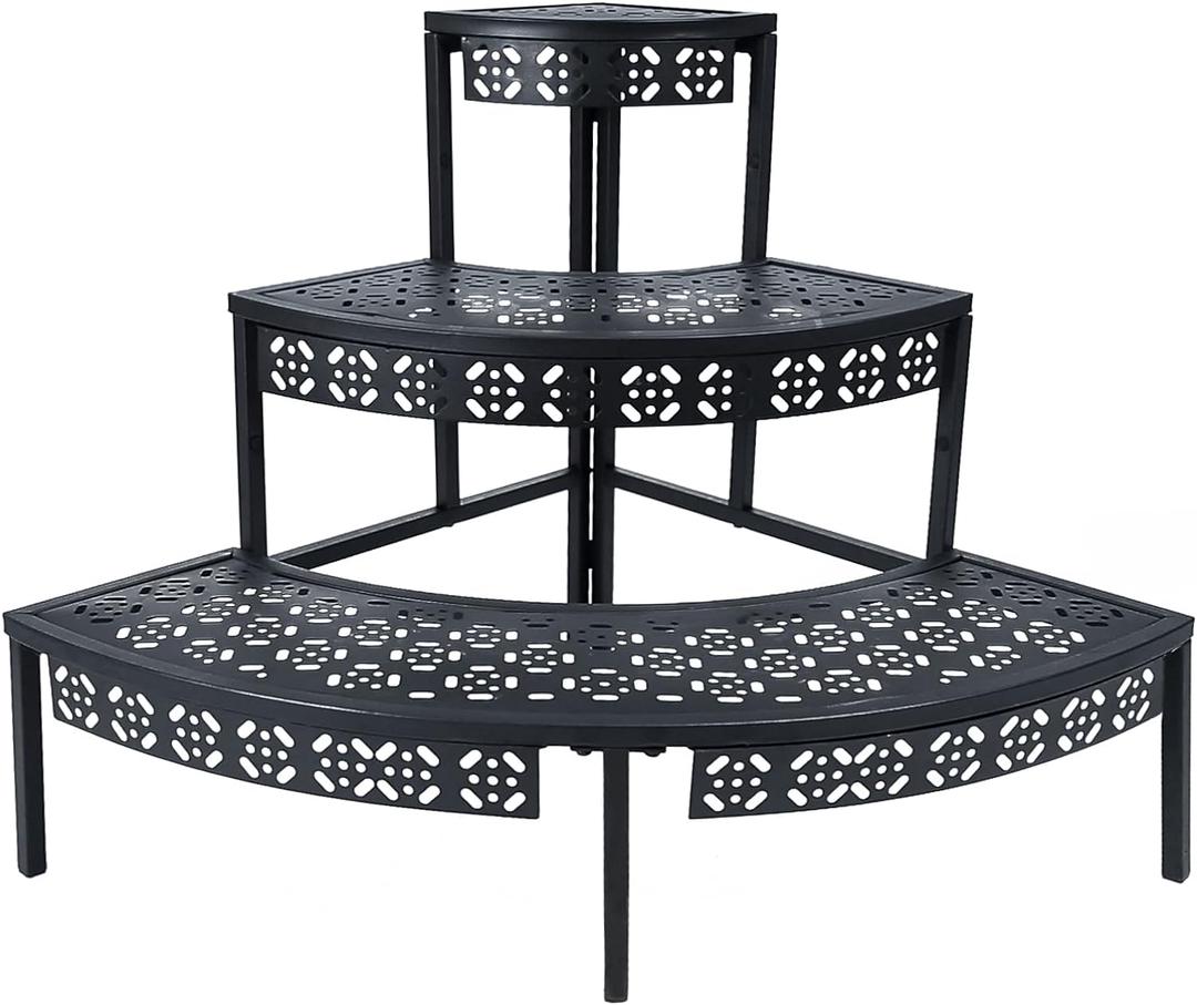 3 Tier Plant Stand Semi-Circular Flower Pot Organizer Rack Quarter Round Plant Display Holder Outdoor Storage Shelves Metal Corner Shelf Planter Shelving Ladder Plant Stand for Indoor Use(Black)