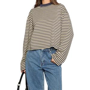 Y2k Womens Striped Cropped Shirt Drop Shoulder Long Sleeve Crewneck Sweatshirt Fairy Grunge Sweater Tops Streetwear (Medium)