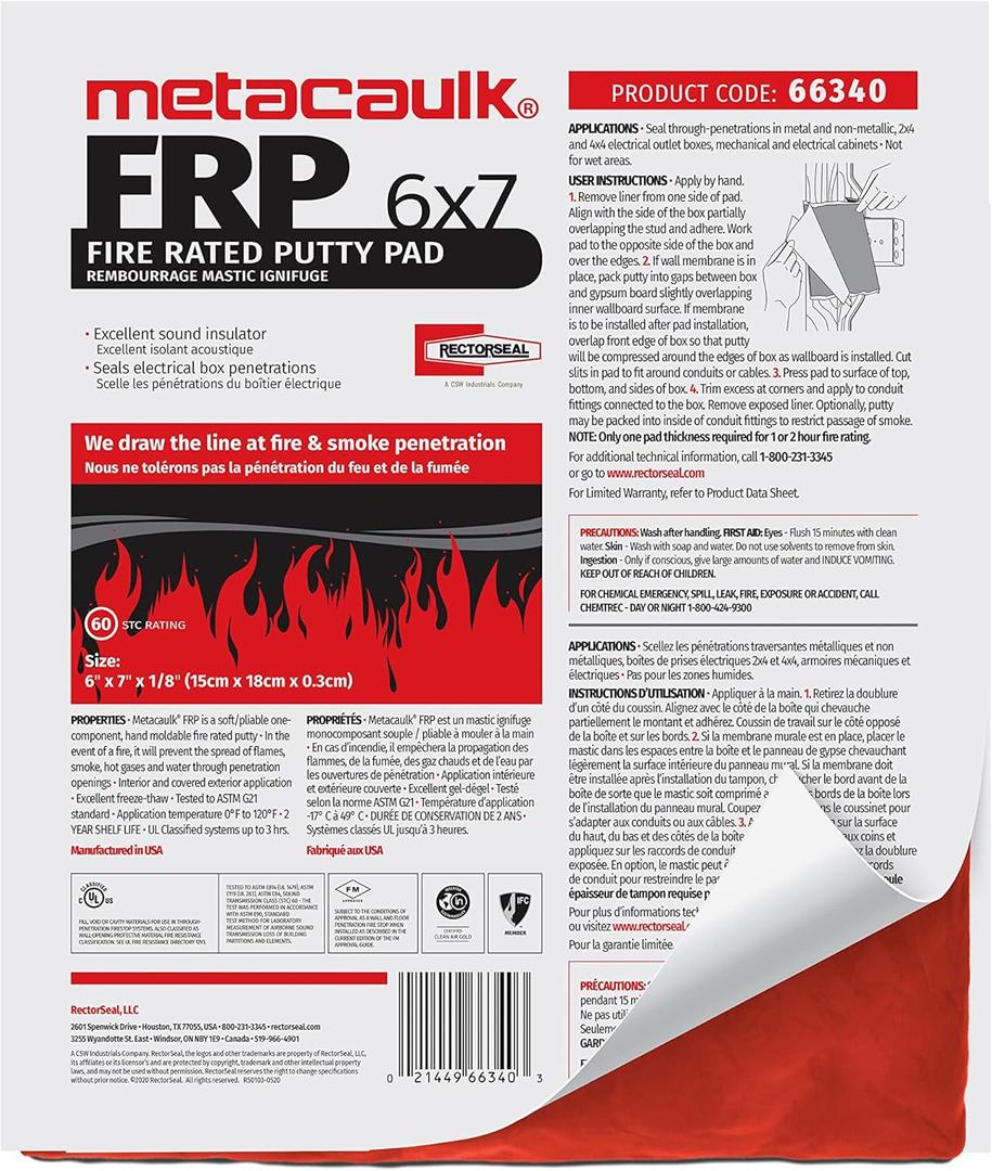Rectorseal Metacaulk Firestop Putty Pads 66340, Easy Application, Firestop, 6"X7"