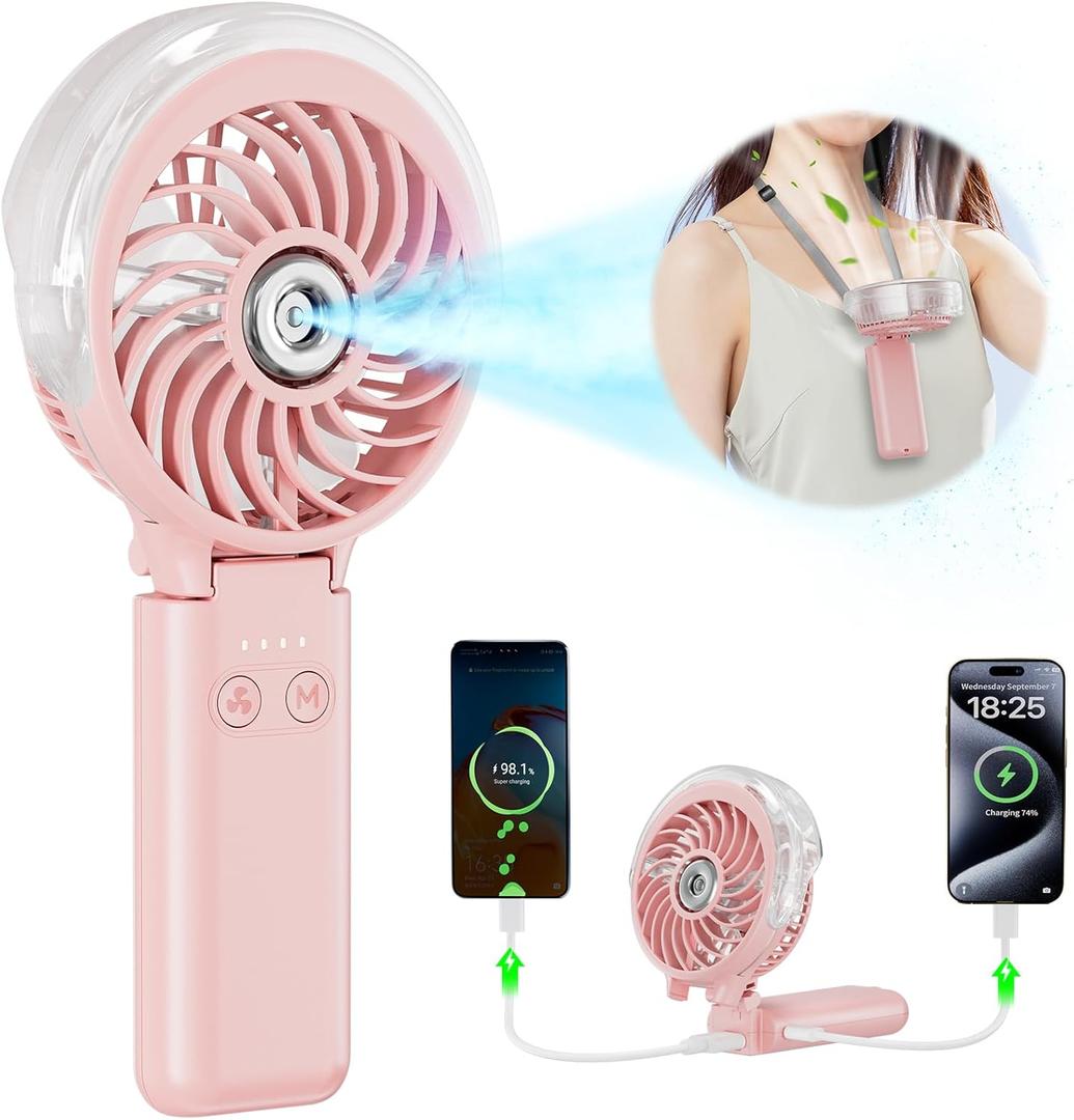 HandFan 5200mAh Handheld Misting Fan, Rechargeable Personal Mister Fan, Spray Water Mist Fans, Electric Mini Hand Fans for Beach Travel Outdoors(Pink)