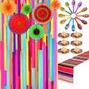 Poen 33 Pcs Mexican Decorations Includes 12 Wooden Fiesta Maracas, 6 Sombrero Party Hats, Fiesta Backdrop, Table Runner, Paper Fans Cinco De Mayo Party Decorations Set