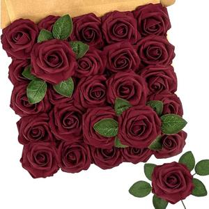 N&T NIETING Artificial Flowers, 25Pcs Fake Flowers Foam Roses with Stems Perfect DIY Wedding Bouquets Centerpieces Bridal Shower Party Mother's Day Home Flower Arrangement Decorations, Dark Red