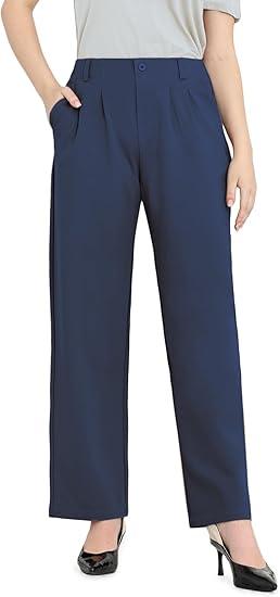 Dress Pants Women Straight Leg Work Business Office High Elastic Waisted Casual Slacks Trousers 29" with Pockets M